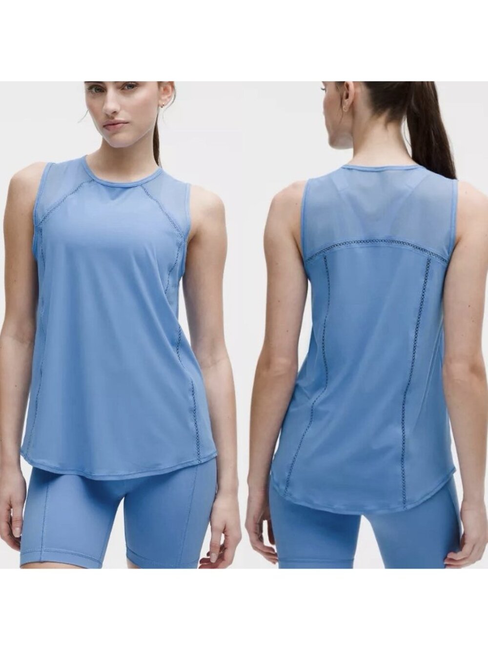 Lululemon Blue Sculpt Tank Top Lace Trim Mesh Detail Athletic Woman’s Size 8